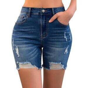 Women’s Ripped High Waisted Denim Shorts Stretch Frayed Raw Hem Casual